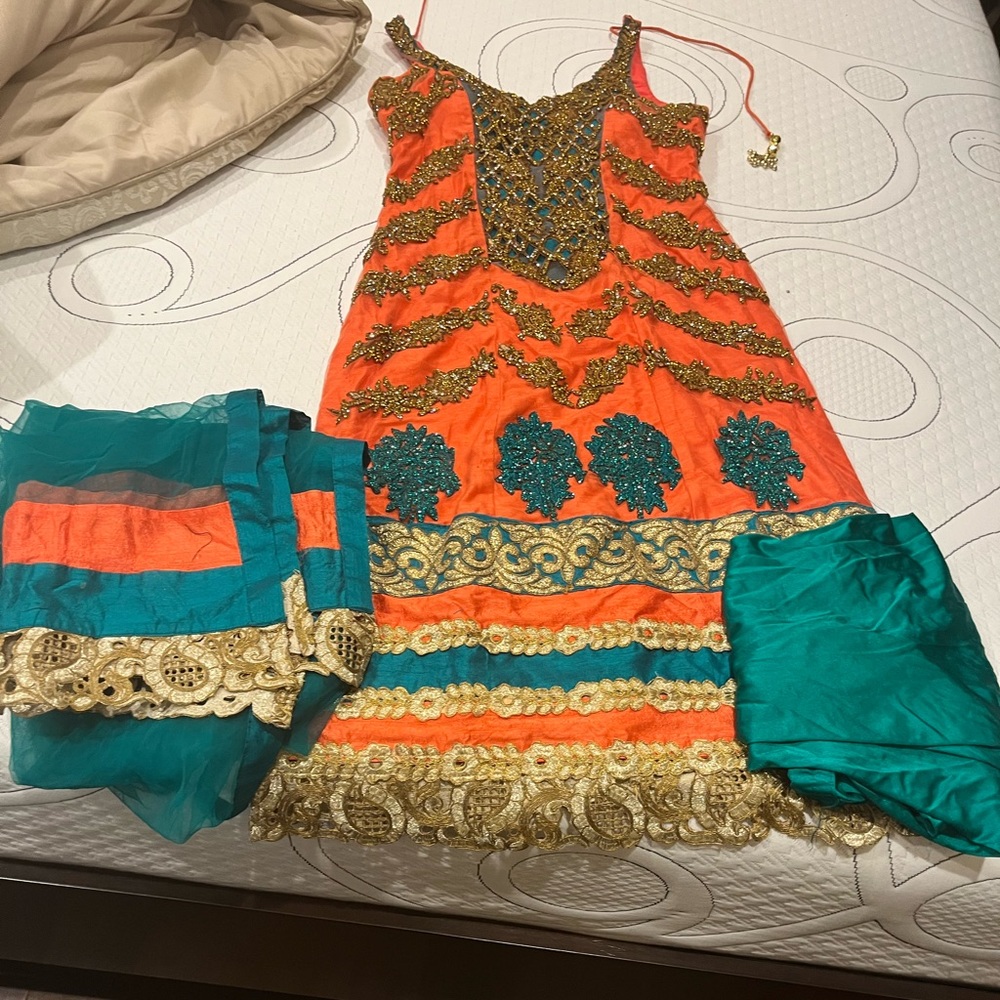 Elegant pajama suit orange with hand work